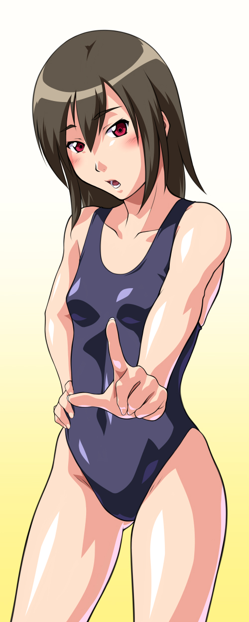 bad_id bad_pixiv_id black_hair competition_swimsuit flat_chest foreshortening highres one-piece_swimsuit original red_eyes short_hair solo swimsuit yoshimo_(yoshimo)