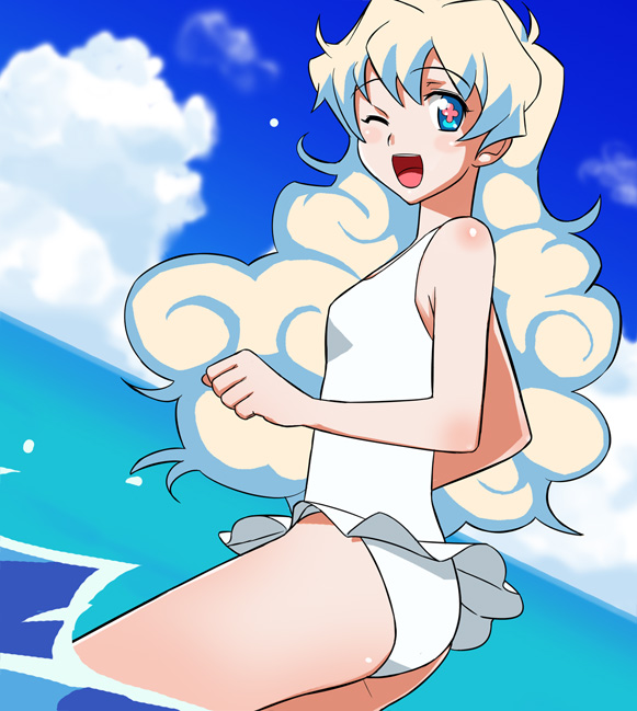 1girl blonde_hair blue_hair breasts casual_one-piece_swimsuit cloud_hair long_hair looking_back multicolored_hair nia_teppelin one-piece_swimsuit one_eye_closed open_mouth small_breasts smile solo sugar_(sugarless) swimsuit tengen_toppa_gurren_lagann two-tone_hair
