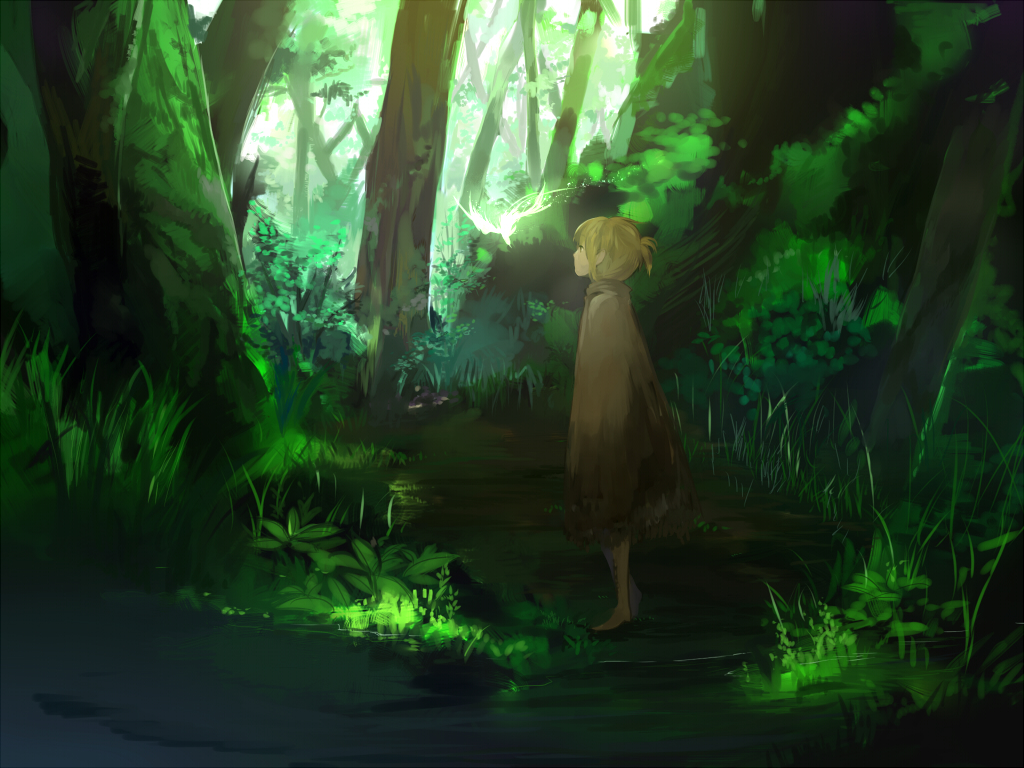 bad_id bad_pixiv_id barefoot forest green kagamine_len male_focus nature scenery solo ume_(plumblossom) vocaloid water