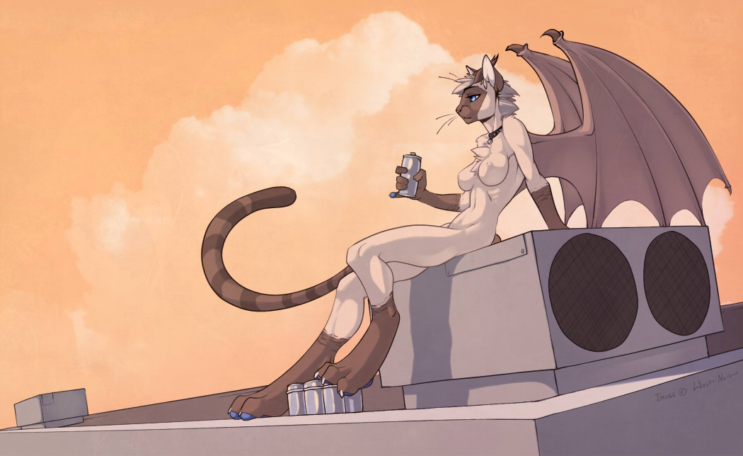 beer beverage blue_eyes blue_paws breasts can cat catdragon collar dragoncat feline female horn horns hybrid kace mammal nude rooftop siamese sitting solo tail whiskers wings wolfy-nail