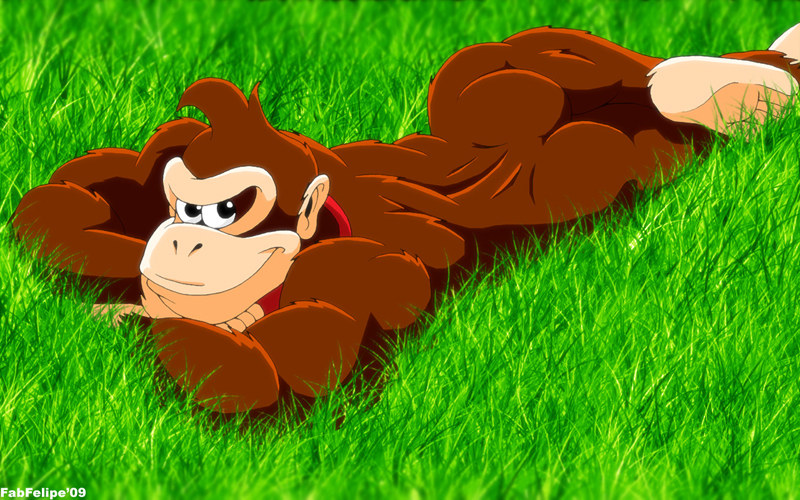 anthro back biceps big_muscles brown_fur butt crossed_arms donkey_kong donkey_kong_(character) donkey_kong_(series) fabfelipe fur gorilla grass hair looking_at_viewer lying male mammal monkey muscles nintendo nude on_front pose primate smile solo video_games