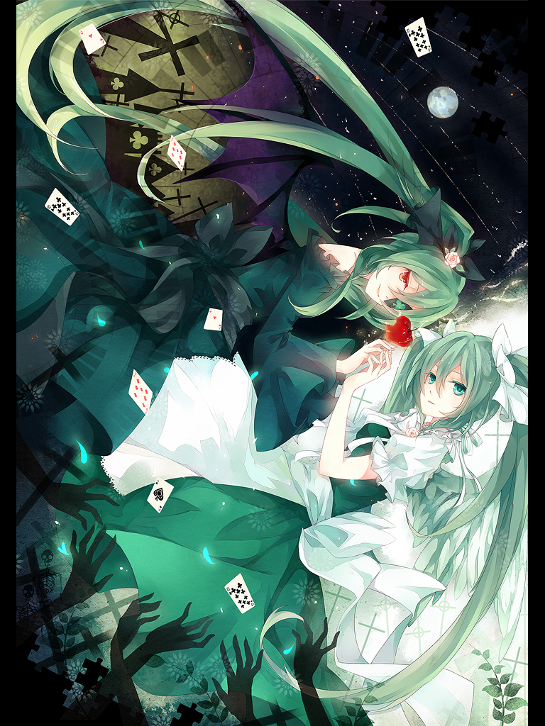 card dress dual_persona floating_card green_eyes green_hair hatsune_miku hitobashira_alice_(vocaloid) long_hair multiple_girls neyti red_eyes twintails very_long_hair vocaloid