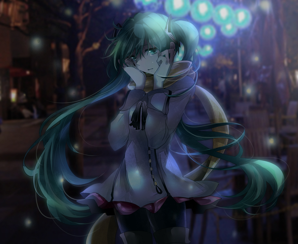alternate_costume bangs bench black_legwear blurry coat cowboy_shot crying depth_of_field glowing green_eyes green_hair hands_on_own_cheeks hands_on_own_face hatsune_miku indoors lantern long_hair long_sleeves looking_at_viewer mariwai_(marireroy) miniskirt outdoors pantyhose photo_background pleated_skirt ribbon scarf skirt snowing solo tears tree twintails very_long_hair vocaloid