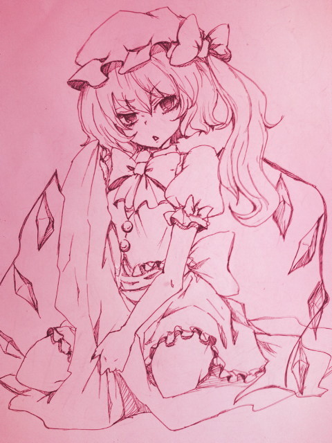annoyed bad_id bad_pixiv_id bed_sheet bow bowtie coco_maru flandre_scarlet frown hat monochrome pink seiza side_ponytail sitting solo touhou traditional_media wings