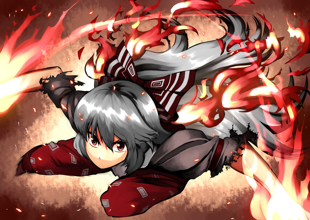 body_mahattaya_ginga bow burnt_clothes fire fujiwara_no_mokou grey_hair hair_bow hair_ribbon long_hair no_mouth red_eyes ribbon solo touhou