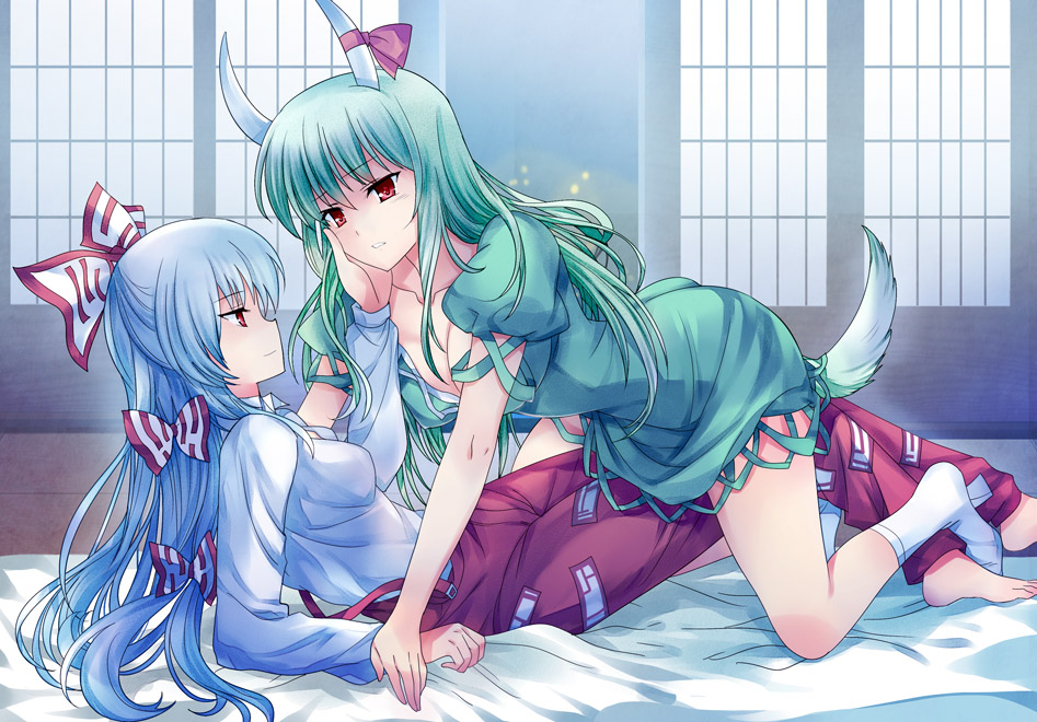 all_fours bad_id bad_pixiv_id barefoot bow couple ex-keine fujiwara_no_mokou green_hair hair_bow hand_on_another's_cheek hand_on_another's_face horn_ribbon horns kamishirasawa_keine long_hair multiple_girls pants pico_(picollector79) red_eyes ribbon silver_hair suspenders tail touhou yuri