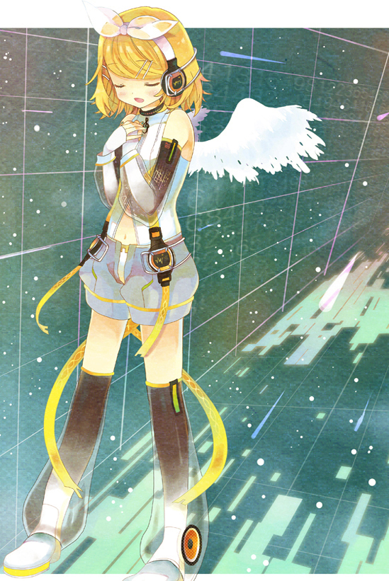 alitou angel_wings bad_id bad_pixiv_id blonde_hair closed_eyes detached_sleeves fingerless_gloves gloves hair_ornament hair_ribbon hairclip headphones kagamine_rin kagamine_rin_(append) open_mouth rectangle ribbon short_hair shorts solo standing thighhighs vocaloid vocaloid_append wings