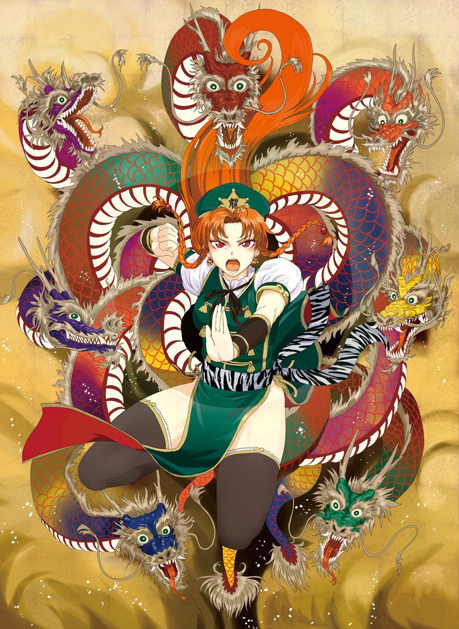 black_legwear braid chinese_clothes dragon eastern_dragon fighting_stance highres hong_meiling open_mouth red_eyes red_hair short_hair solo thighhighs touhou tsurui