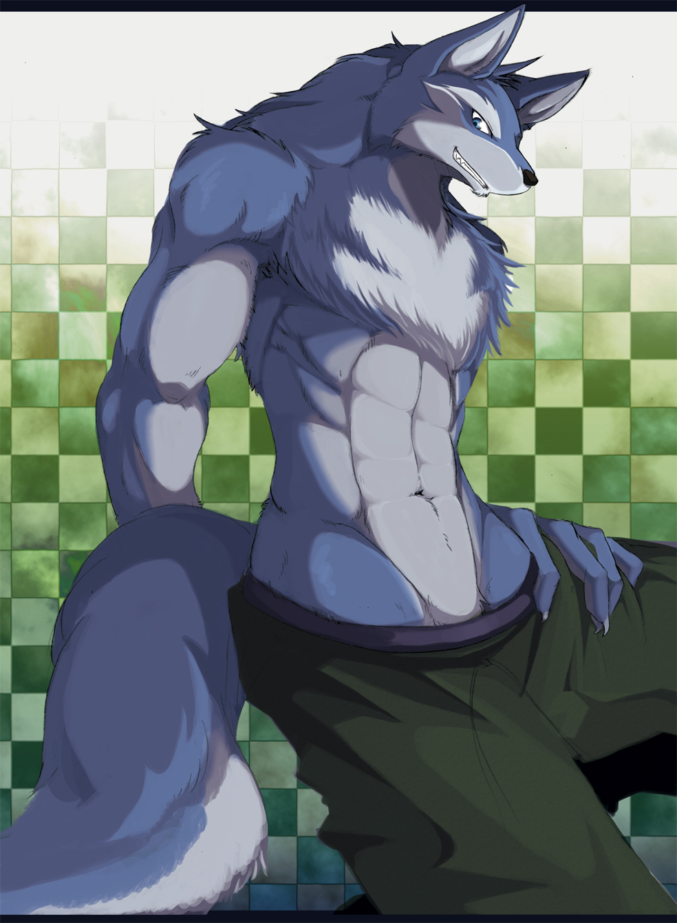 2010 abs barazoku bare_chested blue_eyes canine chest_tuft male muscles pants solo tail topless undressing wolf あら