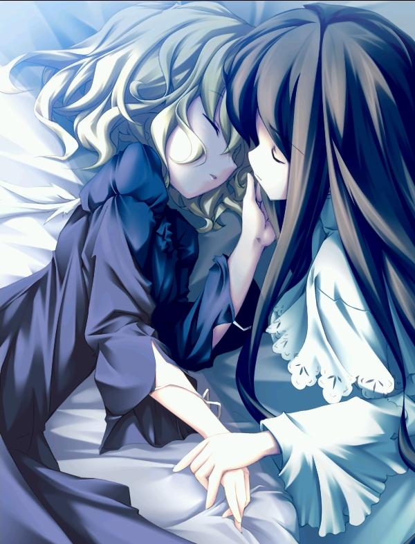 angelina_rocca bed belle_(katahane) closed_eyes fue_(tsuzuku) holding_hands katahane multiple_girls sleeping wings yuri
