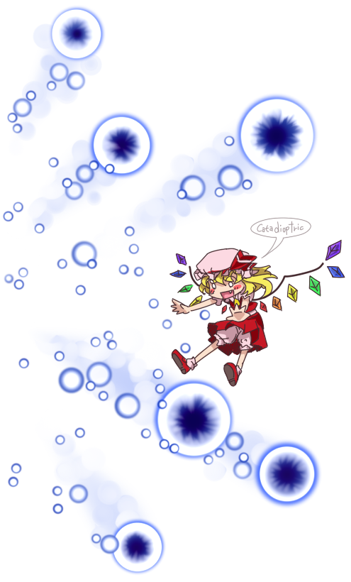 blonde_hair blush chibi danmaku fang flandre_scarlet flying hat o_o oso_(toolate) outstretched_arms simple_background solo touhou wings