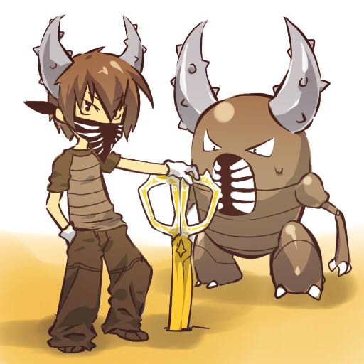 bandana brown_hair face_mask gen_1_pokemon gloves hand_in_pocket hitec horns male_focus mask moemon personification pinsir pokemon pokemon_(creature) scissors