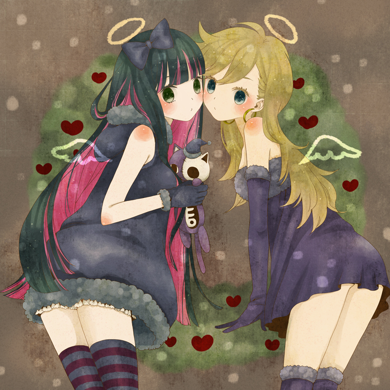 bad_id bad_pixiv_id black_hair blonde_hair blue_eyes blush bow cat dress earrings fur_trim green_eyes hair_bow halo hood hoodie jewelry long_hair mizutamako multicolored_hair multiple_girls panty_&amp;_stocking_with_garterbelt panty_(psg) stocking_(psg) striped striped_legwear stuffed_animal stuffed_toy thighhighs two-tone_hair wings