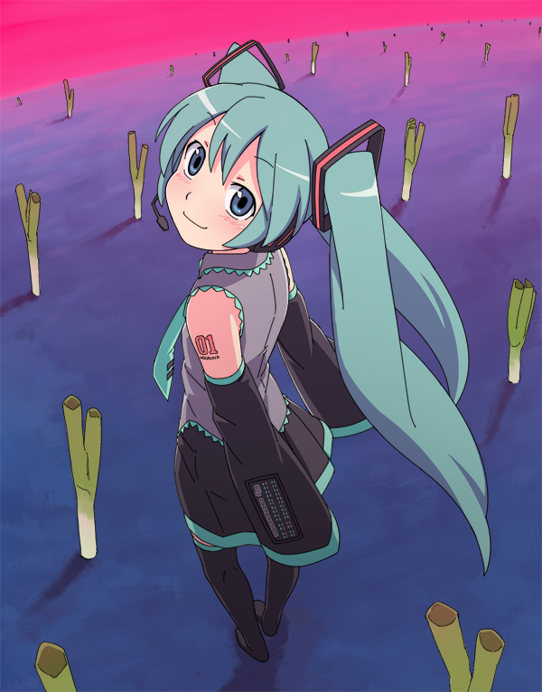 aqua_hair blue_eyes detached_sleeves ejji hatsune_miku long_hair solo spring_onion thighhighs twintails vocaloid