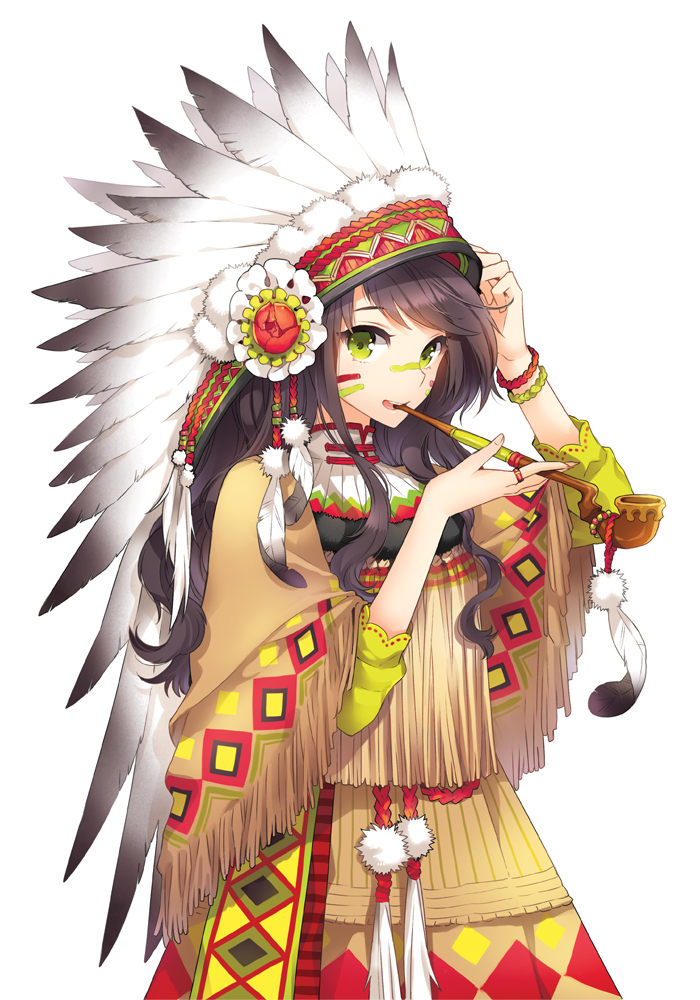 arm_up bad_id bad_pixiv_id bangs black_hair bodypaint bracelet brown_hair facepaint facial_mark feathers flower fringe_trim green_eyes headdress holding holding_pipe jewelry kiseru long_hair looking_at_viewer nardack native_american native_american_headdress original parted_lips pipe ring simple_background skirt solo upper_teeth warbonnet white_background white_feathers