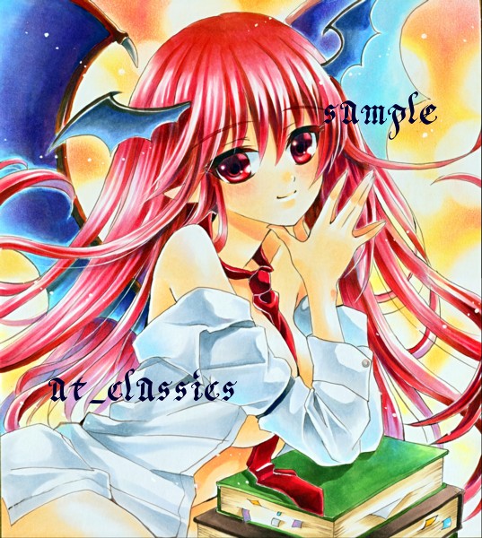 at_classics bare_shoulders bat_wings between_breasts book breasts dress_shirt hands head_wings koakuma large_breasts long_hair marker_(medium) naked_shirt necktie off_shoulder open_clothes open_shirt pointy_ears red_eyes red_hair red_neckwear sample shirt smile solo touhou traditional_media wings