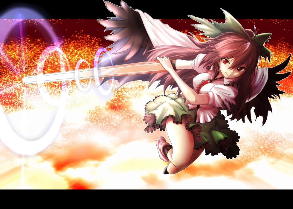 ao_usagi arm_cannon black_hair black_wings bow breasts brown_hair cape chikado collaboration colorized green_bow hair_bow large_breasts letterboxed long_hair looking_at_viewer red_eyes reiuji_utsuho smile solo third_eye torn_clothes touhou weapon wings