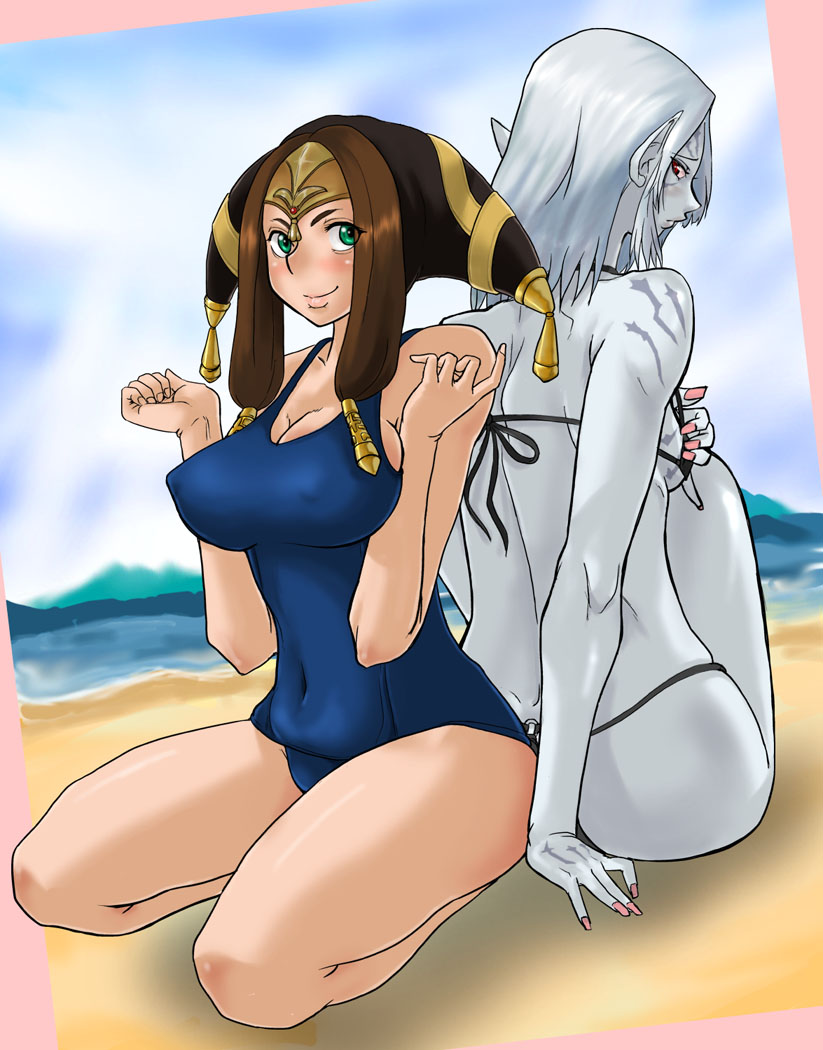 2girls bare_shoulders beach bikini blush bobabo breasts brown_hair cleavage elf elvaan erect_nipples female final_fantasy final_fantasy_xi green_eyes grey_skin hat long_hair multiple_girls nail_polish one-piece_swimsuit one_piece_swimsuit pointy_ears red_eyes school_swimsuit silver_hair sitting swimsuit tattoo water yve'noile yve'noile
