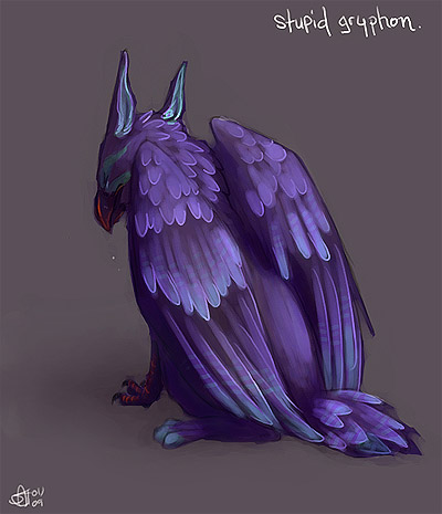 2009 avian beack beak claws eyes_closed feathers female feral gryphon hindpaw merystic purple sad sitting solo tail wings