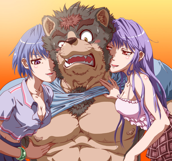 anime blue_hair blush bracelet breast_fondling breasts canine chest_tuft ear_tuft female fondling gammachaos hair human imminent_sex interspecies jewelry male purple_eyes straight sweat threesome undressing
