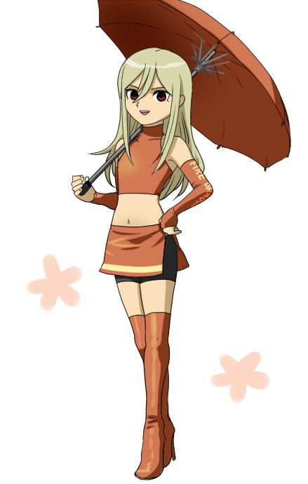 afuro_terumi bad_id bad_pixiv_id bike_shorts blonde_hair boots detached_sleeves elbow_gloves full_body gloves high_heels inazuma_eleven inazuma_eleven_(series) long_hair male_focus midriff miniskirt mizuhara_aki navel otoko_no_ko race_queen red_eyes shoes skirt solo thigh_boots thighhighs umbrella white_background