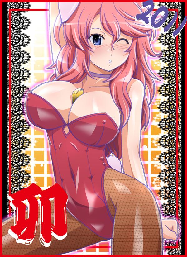 2011 animal_ears arm_up between_breasts blue_eyes blush breasts bunny_ears bunny_tail bunnysuit choker cleavage covered_nipples fishnet_pantyhose fishnets large_breasts lighter long_hair media_(quiz_magic_academy) one_eye_closed pantyhose pink_hair quiz_magic_academy ryuu_ryuu solo tail wavy_hair