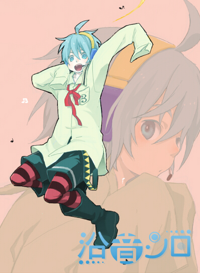 ahoge bad_id bad_pixiv_id blue_hair fen_(bapekka) happy headphones male_focus pantyhose soine_shiro solo striped striped_legwear utau