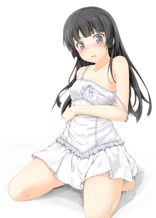 :o bangs bare_shoulders barefoot black_hair blunt_bangs blush breasts cleavage dress embarrassed feet flat_chest frilled_dress frills gokou_ruri hand_on_own_stomach hime_cut kneeling lace lace-trimmed_dress long_hair looking_at_viewer medium_breasts mole mole_under_eye no_bra off_shoulder oozora_itsuki open_mouth ore_no_imouto_ga_konna_ni_kawaii_wake_ga_nai ribbon shadow short_dress sideboob silver_eyes simple_background sitting skirt solo spread_legs startled strap_slip sundress surprised tiptoes wariza white_background white_skirt