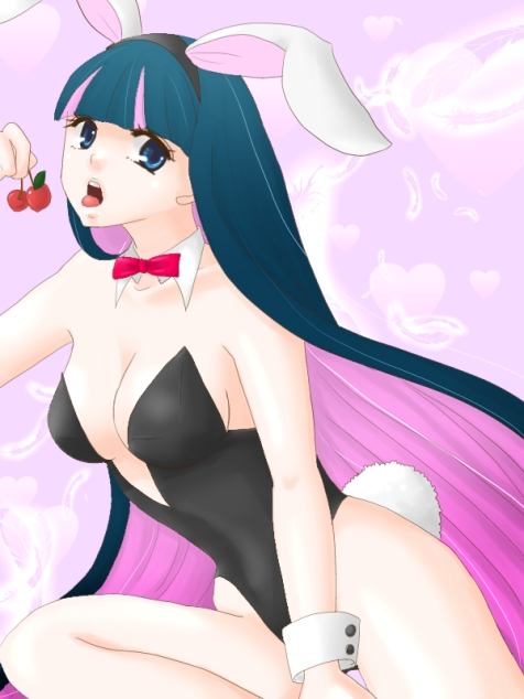 animal_ears breasts bunny_girl bunnysuit cherry cleavage food fruit panty_&amp;_stocking_with_garterbelt stocking_(character) stocking_(psg) tail