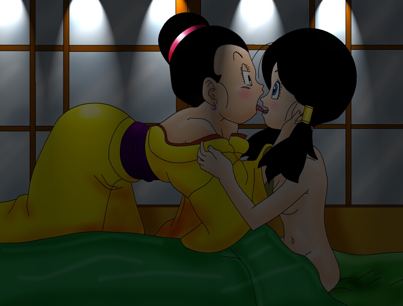 2girls all_fours bed bed_sheet black_eyes black_hair blue_eyes blush breasts chi-chi_(dragon_ball) chichi chinese_clothes dragon_ball dragonball_z earrings hair_bun jewelry kiss long_hair milf multiple_girls navel no_bangs nude open_mouth sitting tongue tongue_out twintails videl yuri