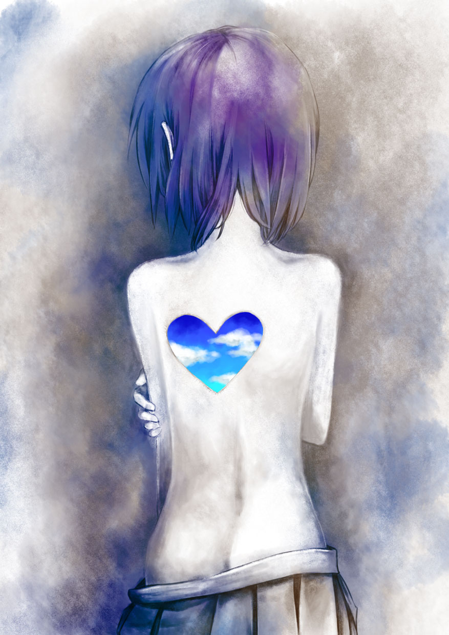 back cooldoll from_behind heart highres hole_on_body purple_hair short_hair sky solo topless utane_uta utau