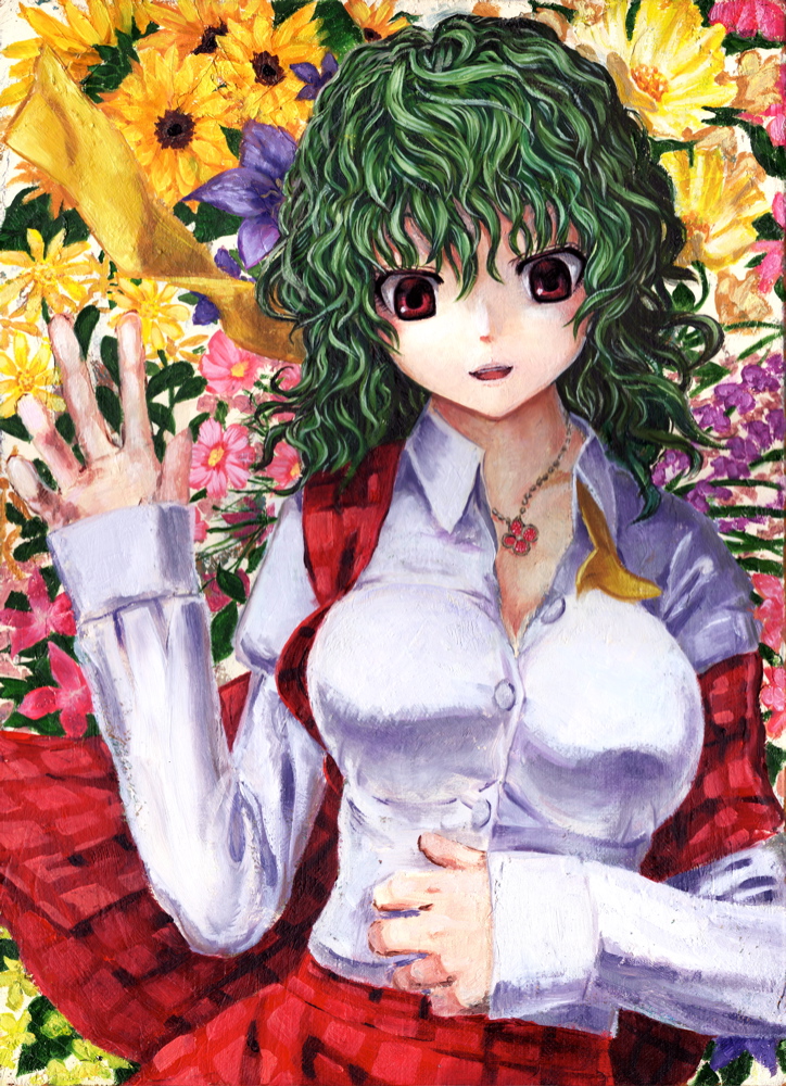 ascot breasts dress flower flower_request green_hair jewelry kabaji kazami_yuuka large_breasts lying necklace on_back plaid plaid_skirt plaid_vest red_eyes skirt skirt_set solo sunflower touhou untied vest