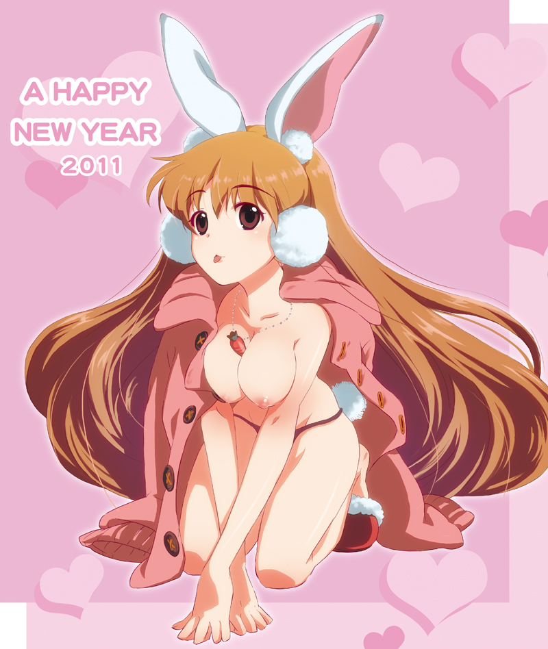 :p animal_ears between_breasts breasts brown_eyes brown_hair bunny_ears bunny_tail cardigan carrot carrot_necklace izumi_(sachikara) jewelry kneeling long_hair medium_breasts necklace nipples open_clothes original panties solo tail tongue tongue_out topless underwear very_long_hair