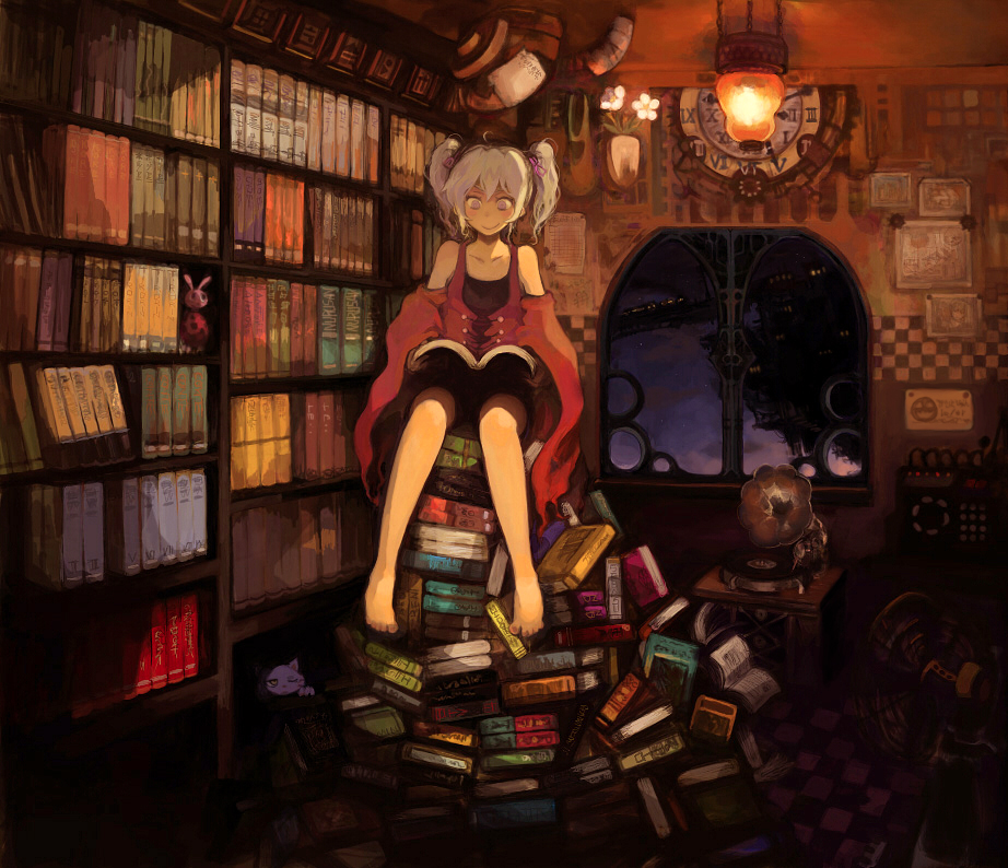 barefoot book book_stack bookshelf himao indoors original phonograph pile reading solo twintails white_hair