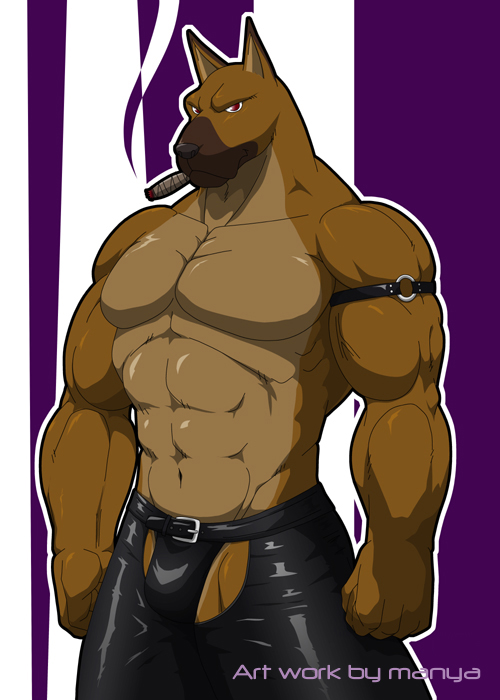 anthro biceps big_muscles canine dog leather male mammal manya muscles no_nipples pecs pose solo vein
