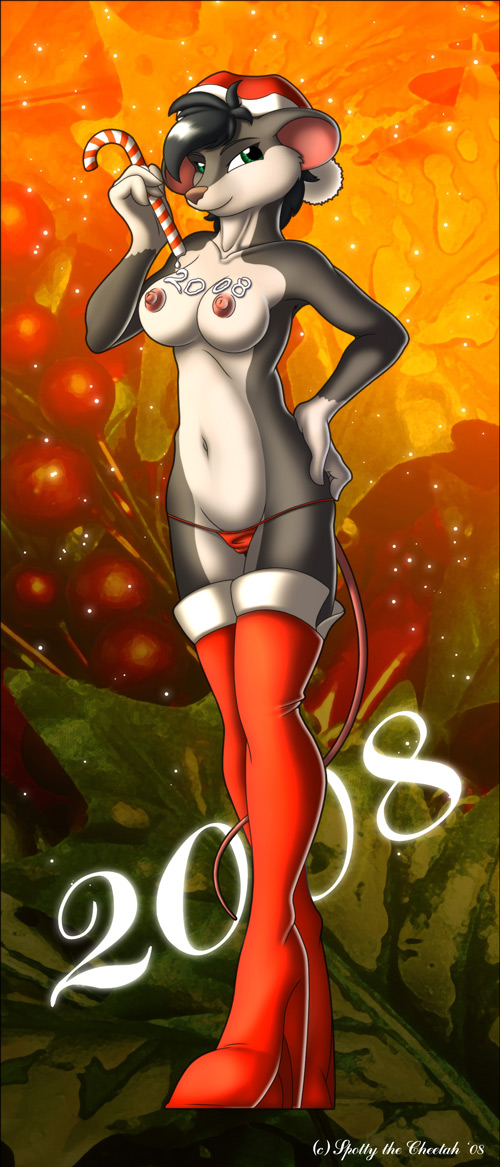 black_hair boots breasts candy_cane christmas female green_eyes hair hat holidays leaf looking_at_viewer mammal navel nipples panties rat rodent short_hair solo spotty_the_cheetah standing topless underwear xmas