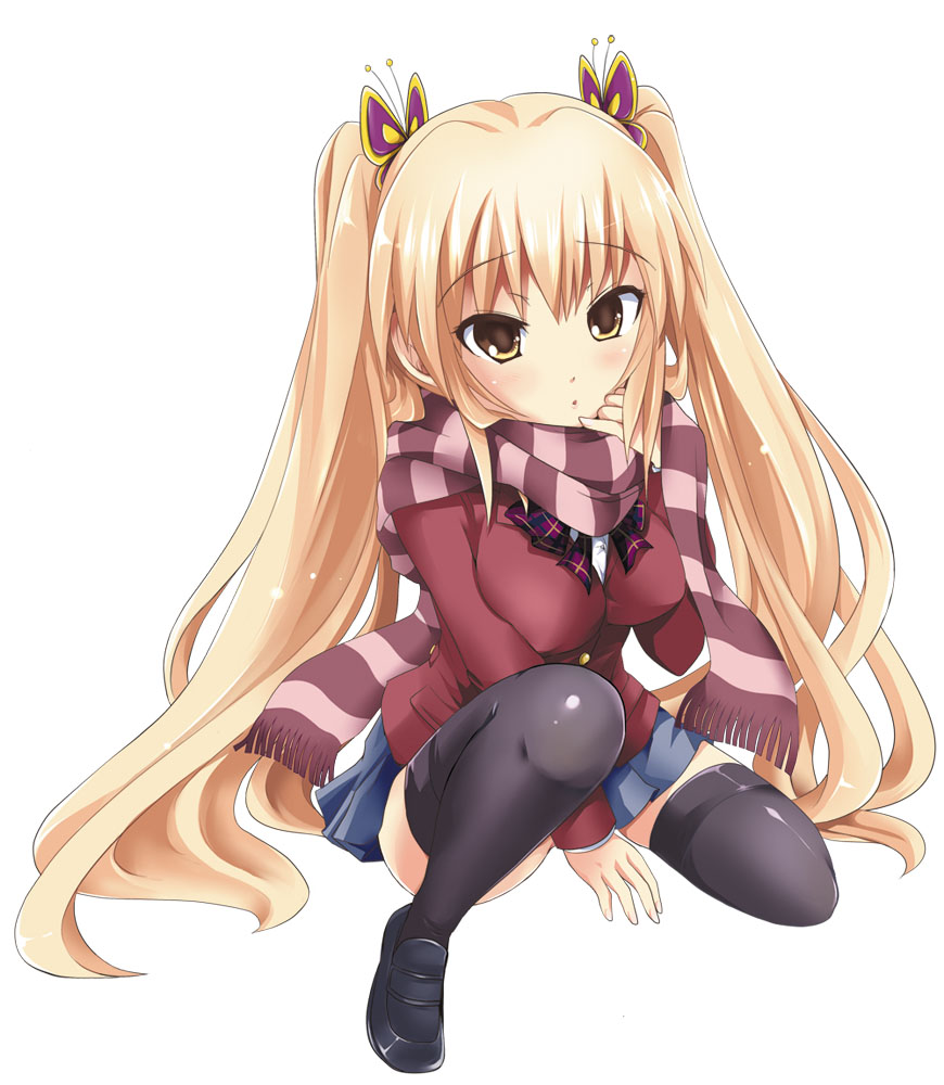 black_legwear blonde_hair blush bug butterfly hair_ornament insect long_hair natsume_fumika official_art satohime_maria scarf skirt solo sundere! thighhighs twintails yellow_eyes
