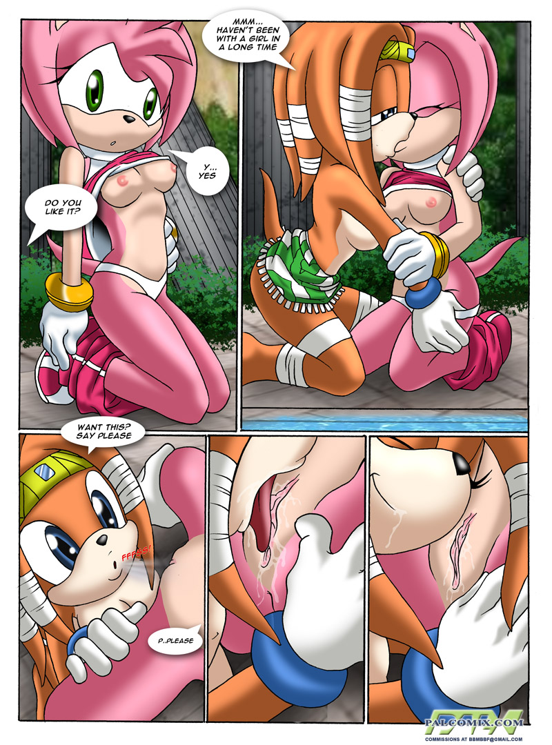 anthro bbmbbf blue_eyes breasts clothing comic dialog echidna english_text eyes_closed female green_eyes hair hedgehog lesbian licking mammal mobian nipples open_mouth oral oral_sex palcomix pink_hair pussy sega sex sonic_(series) text tikal_the_echidna tongue tongue_out video_games