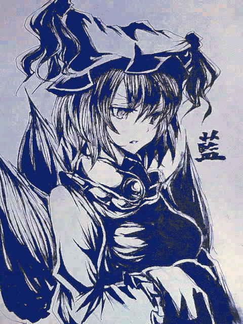 bad_id bad_pixiv_id character_name coco_maru fox_tail hands_in_opposite_sleeves hat jpeg_artifacts monochrome short_hair solo tail thinking touhou traditional_media yakumo_ran