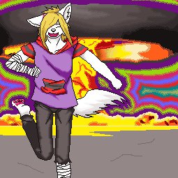 blonde_hair bomb canine cloth colorful explosion eyes_closed fur gay_bomb hair jacket low_res mammal open_mouth pixel running solo unknown_artist white_fur