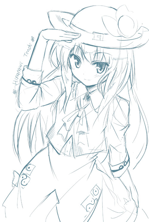 blush gochou_(atemonai_heya) hat hinanawi_tenshi monochrome smile solo touhou