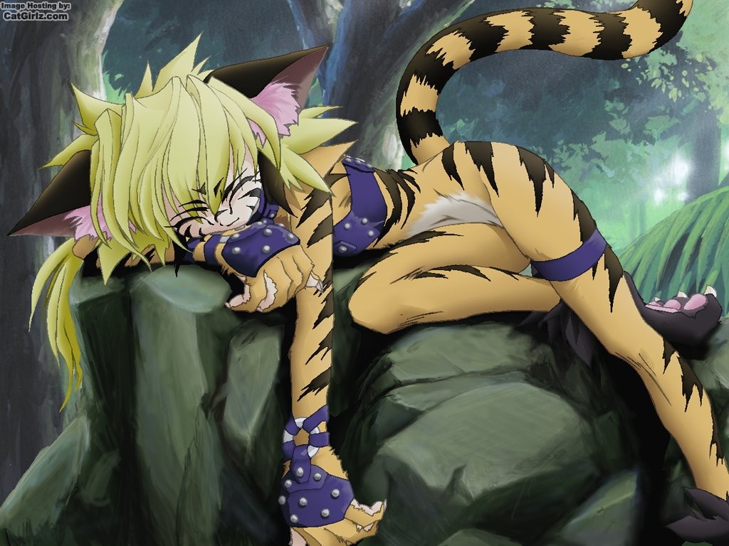 anthro blonde_hair cat feline female forest hair skimpy solo tree