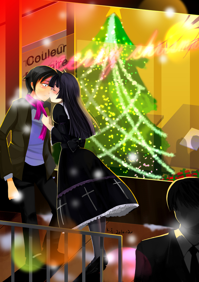 1girl animal_ears bad_id bad_pixiv_id black_hair cat_ears christmas_tree gokou_ruri gothic_lolita hetero imminent_kiss kiss kouichi_t kousaka_kyousuke lolita_fashion long_hair ore_no_imouto_ga_konna_ni_kawaii_wake_ga_nai scarf snow