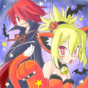 adell adell_(disgaea) animal_ears bat bats bell bell_choker cat_ears choker disgaea fang halloween lowres red_eyes rozalin