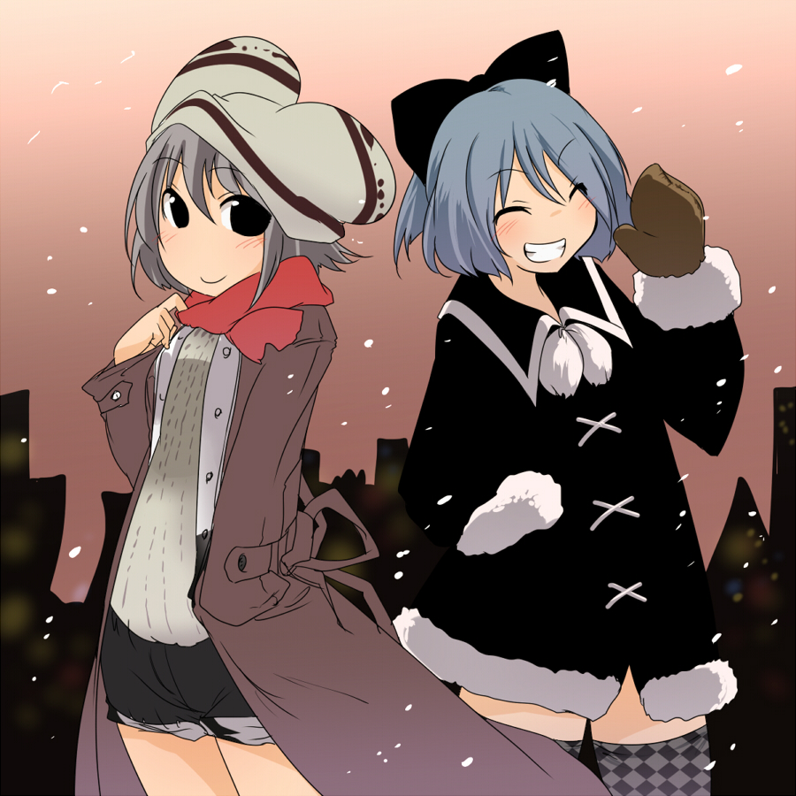 aki_(akikaze_asparagus) alternate_costume animal_ears blue_hair checkered checkered_legwear cirno coat contemporary grey_hair grin hat mittens multiple_girls nazrin object_on_head scarf smile thighhighs touhou trench_coat zettai_ryouiki