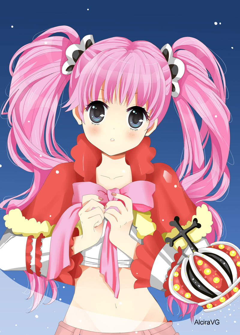 alci-chan artist_name blue_background blush bow capelet crown crown_removed fur_trim long_hair looking_at_viewer midriff nail_polish navel one_piece perona pink_bow pink_hair pink_nails solo standing twintails