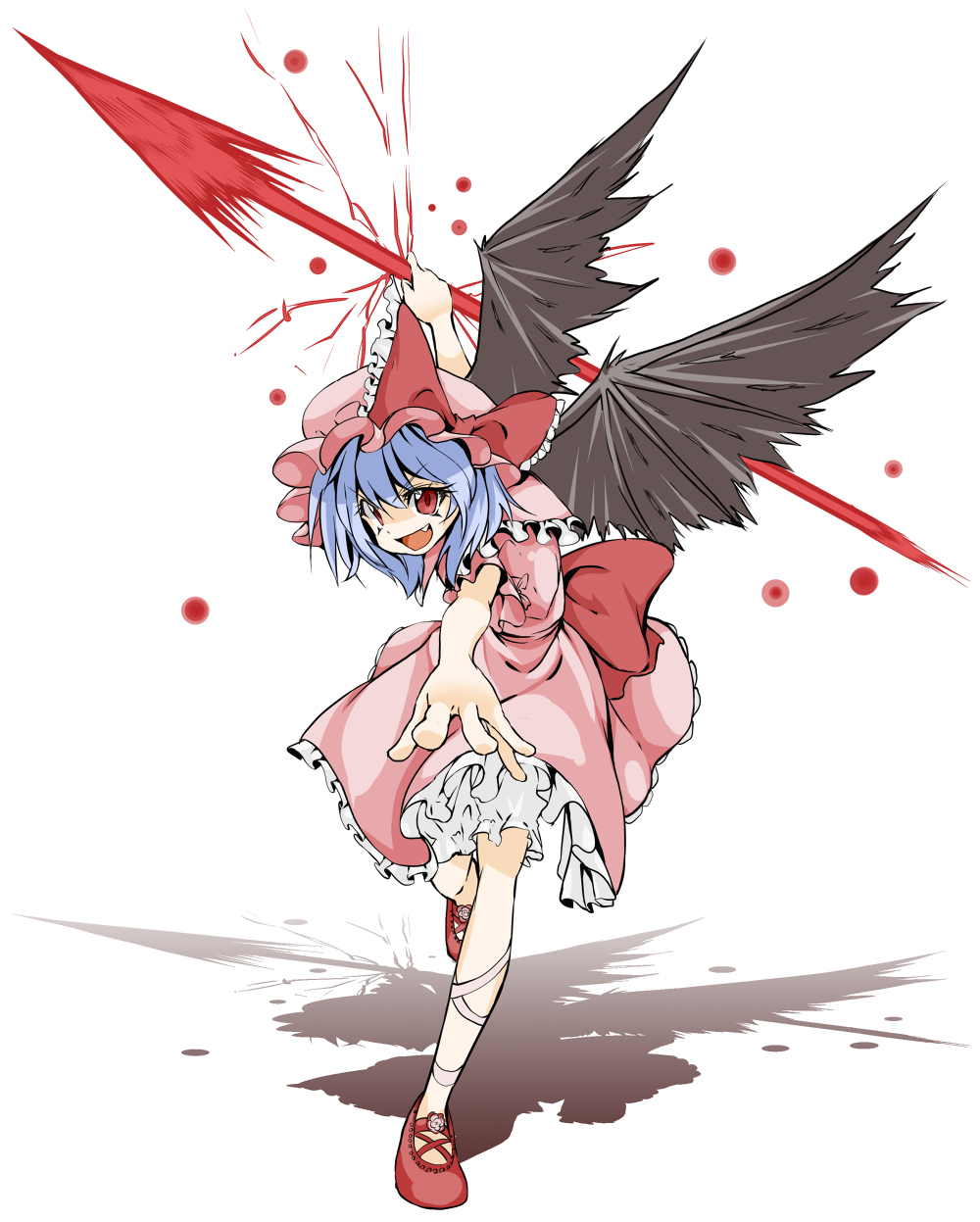 bloomers blue_hair fang foreshortening full_body hat highres outstretched_arms pose red_eyes remilia_scarlet shadow shigurio short_hair simple_background solo spear_the_gungnir standing standing_on_one_leg torn_wings touhou underwear wings