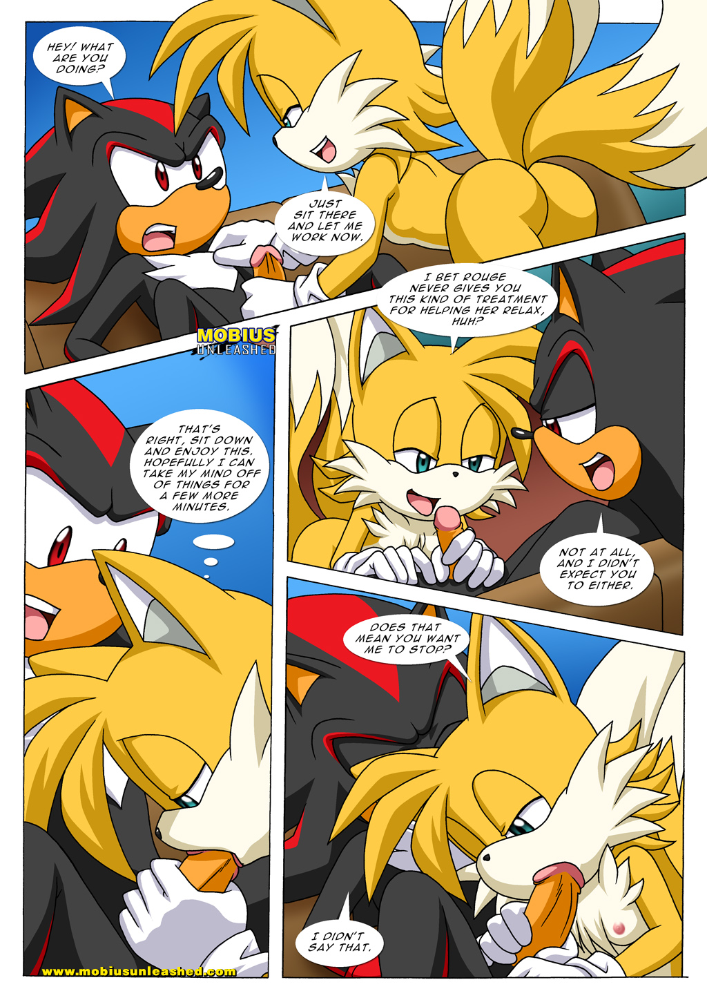 canine couple female fox hedgehog male miles_prower mobian mobius_unleashed oral penis sega sex shadow_the_hedgehog sonic_(series) tails