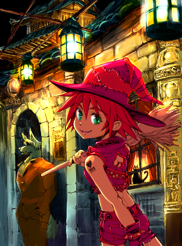 1girl broom cat hat hirokazu night original red_hair witch witch_hat