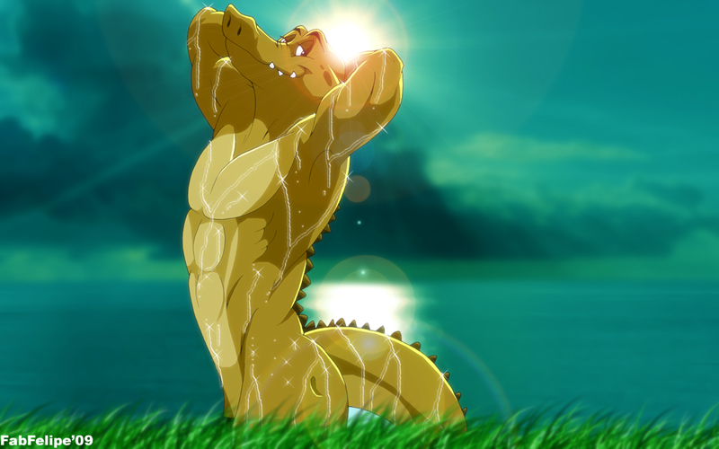 abs anthro armpits arms_behind_head biceps big_muscles butt cloud crocodile crocpond fabfelipe fangs grass green_skin light looking_at_viewer male muscles nude outside pecs pose reptile rompa scalie side_view sky solo standing sun water wet
